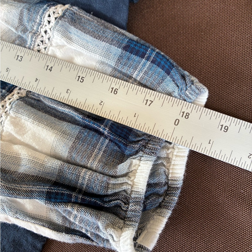 Cato White & Navy Plaid Peasant Blouse with Lace Trim - Picture 7 of 8